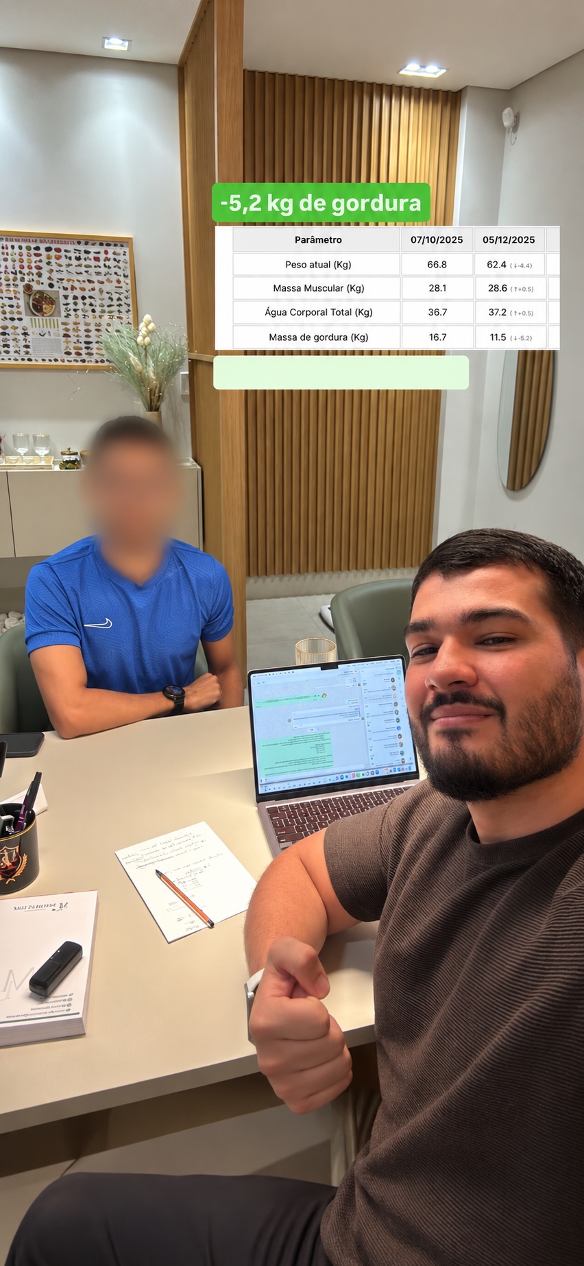 Evolução na composição corporal. Registro de acompanhamento com avaliação física. Rosto do paciente oculto.