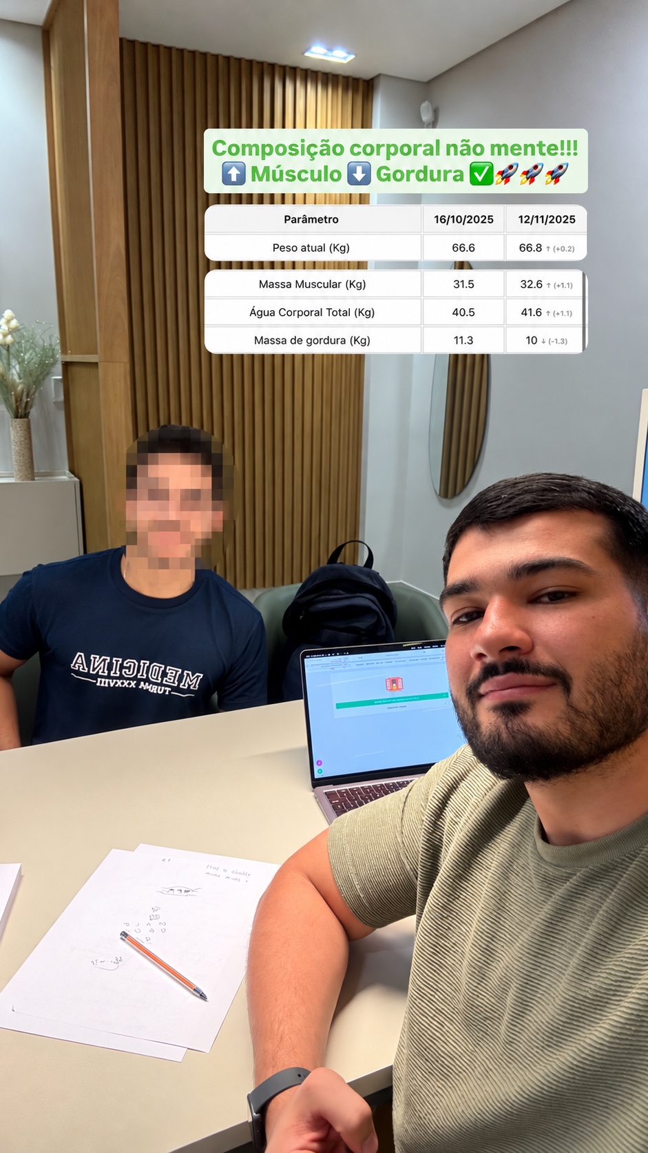 Mais massa muscular, menos gordura. Comparação de avaliações físicas. Rosto do paciente oculto.